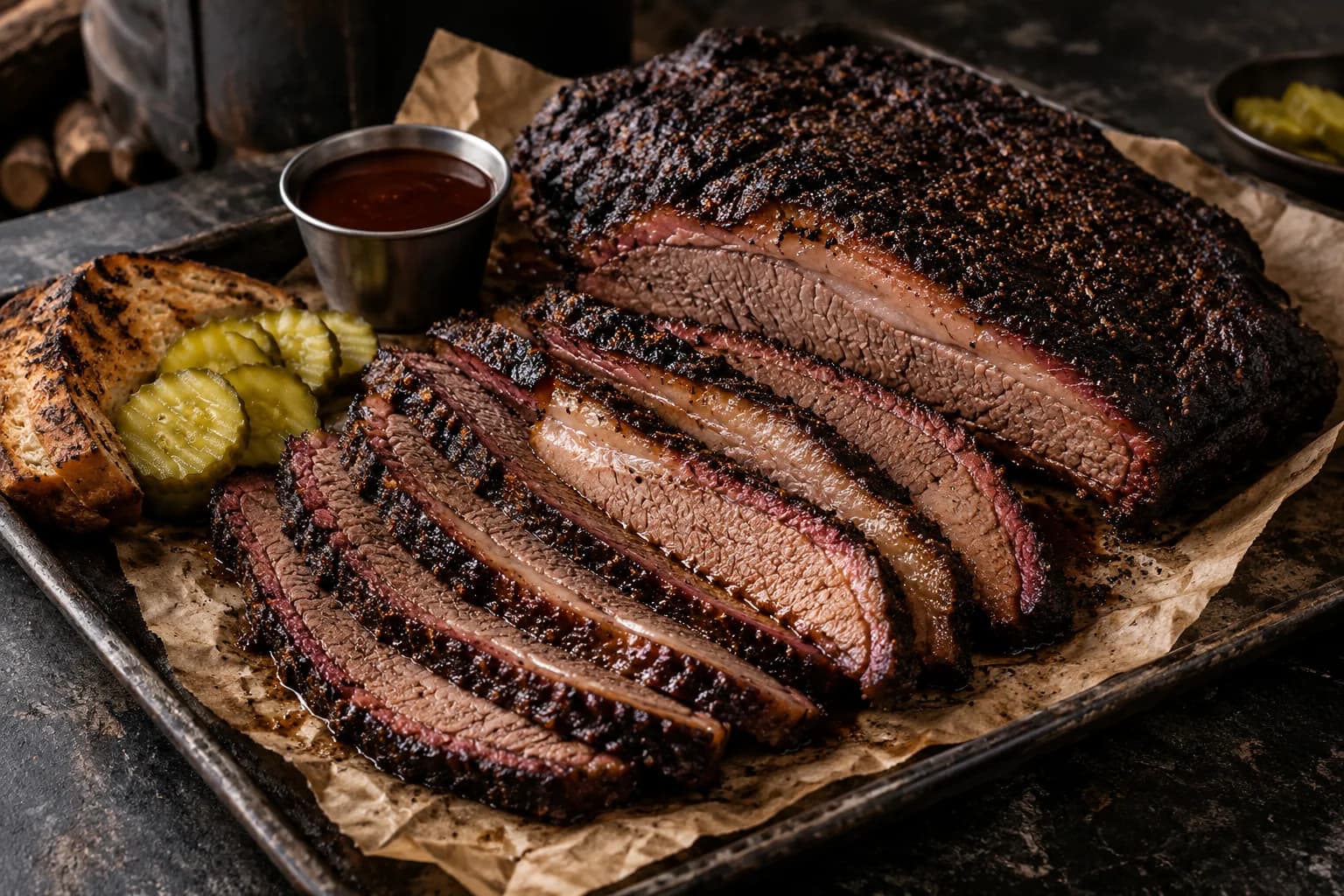 Illustrative sliced smoked brisket with a peppery bark